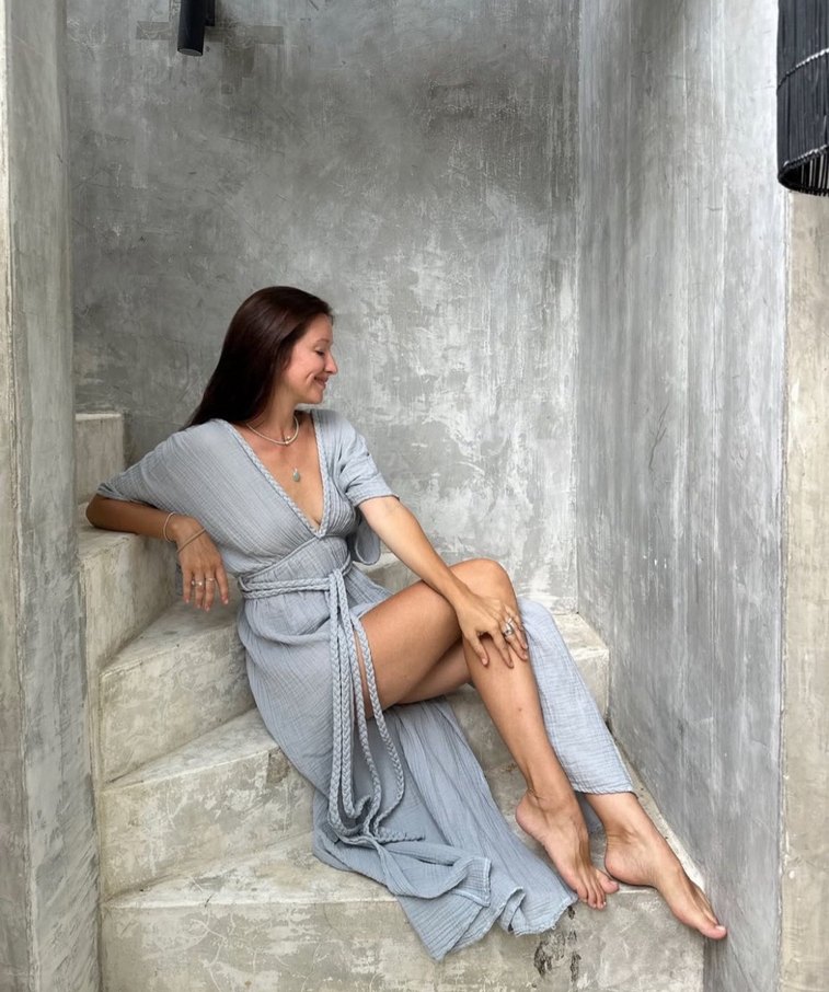 Gri Bohem Uzun Keten Elbise - Görsel 2