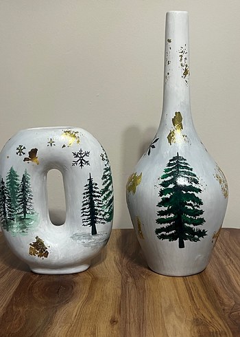 Beyaz El Boyaması Geyikli Dekoratif Vazo Seti - Görsel 2