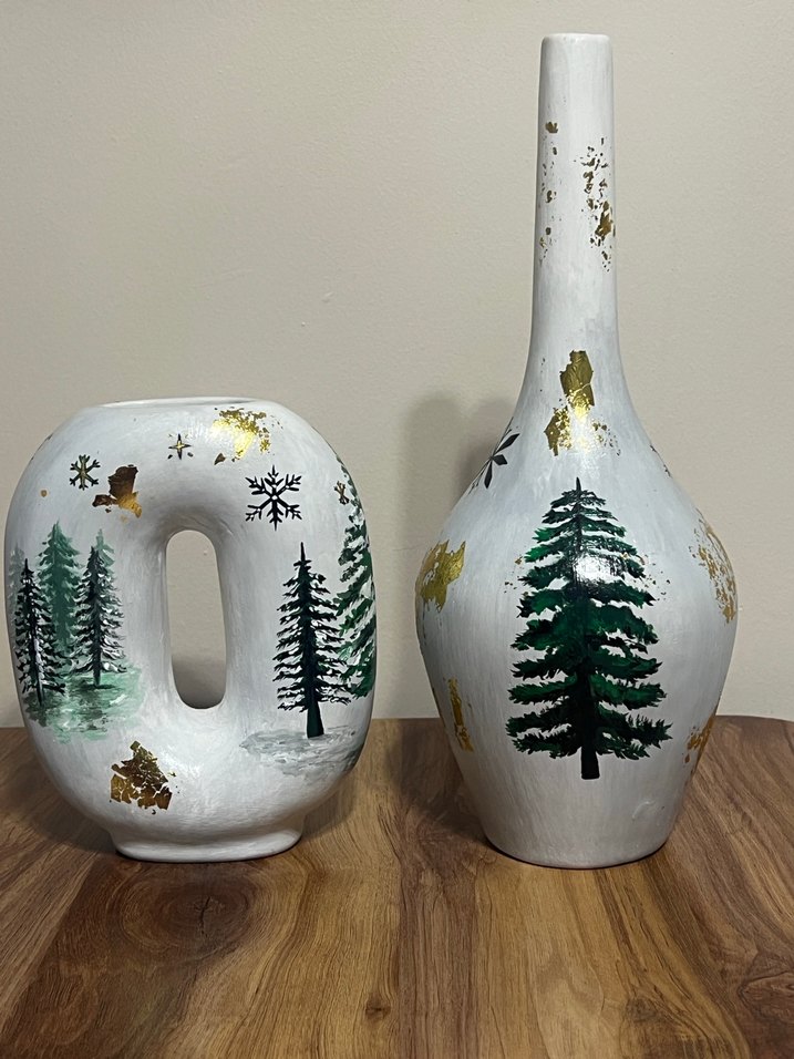 Beyaz El Boyaması Geyikli Dekoratif Vazo Seti - Görsel 2