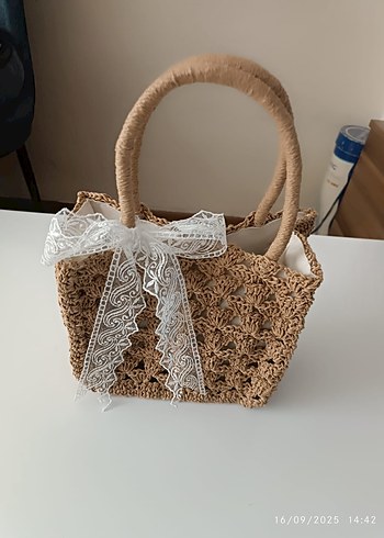 Beden Dantel Detaylı Bej Örgü Bohem Kadın Çanta