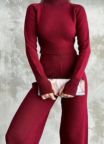 Crop bordo triko takım