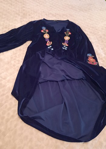 Uzun Mavi Nakışlı Bohem Kadın Elbise - Görsel 6