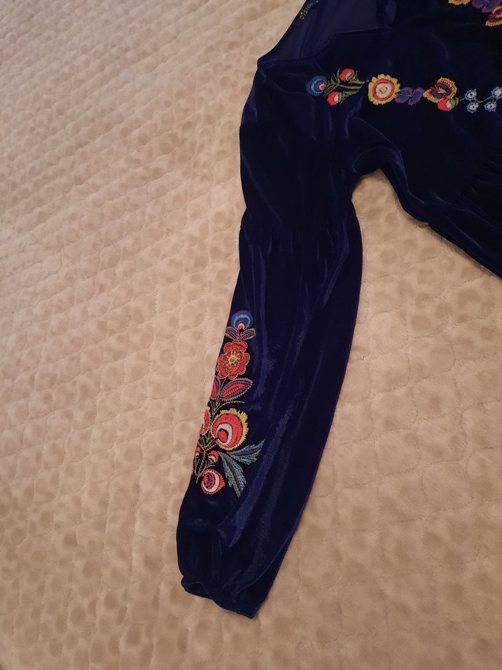 Uzun Mavi Nakışlı Bohem Kadın Elbise - Görsel 5