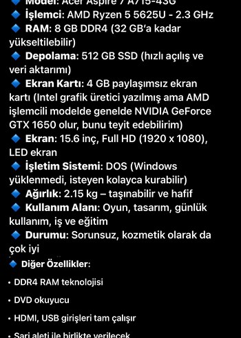  Beden Acer Aspire 7 A715-43G Dizüstü Bilgisayar