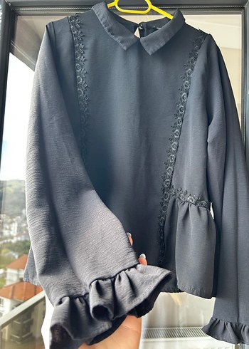 38 Beden siyah Renk Siyah Gotik Nakışlı Uzun Kollu Bluz