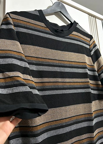 Çizgili Kısa Kollu Midi Triko Elbise - Görsel 4