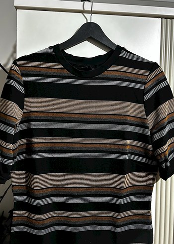 Çizgili Kısa Kollu Midi Triko Elbise - Görsel 2