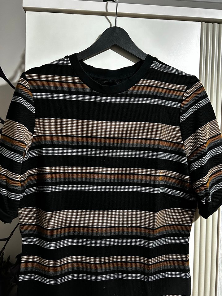 Çizgili Kısa Kollu Midi Triko Elbise - Görsel 2