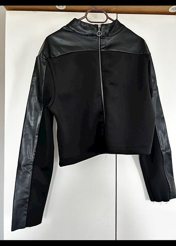 Siyah Deri Kadın Biker Ceket - Görsel 3
