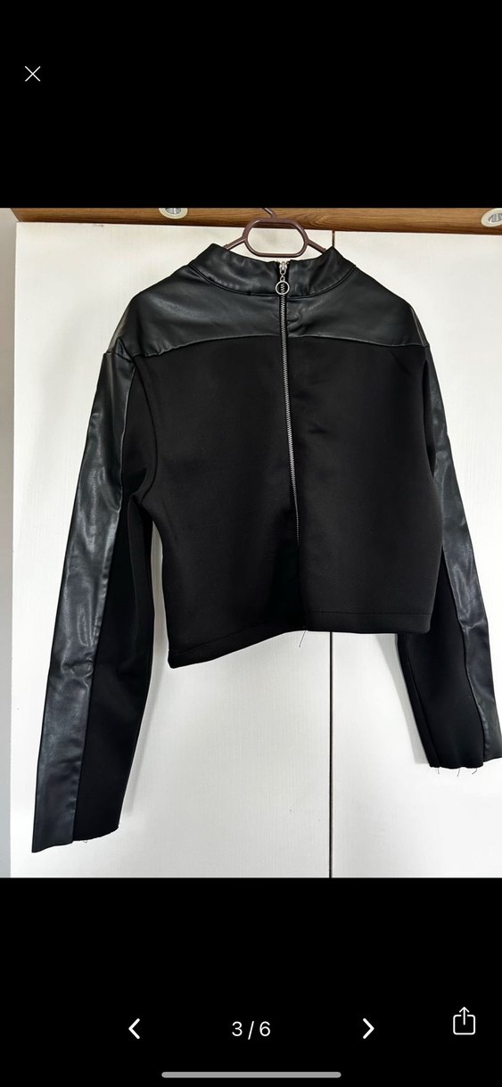 Siyah Deri Kadın Biker Ceket - Görsel 3