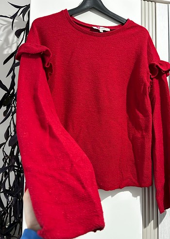 Kadın Kırmızı Uzun Kollu Fırfırlı Kazak - Görsel 2