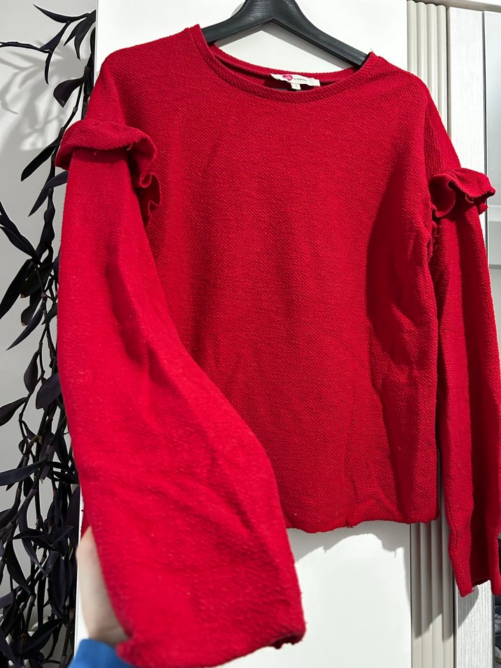 Kadın Kırmızı Uzun Kollu Fırfırlı Kazak - Görsel 2