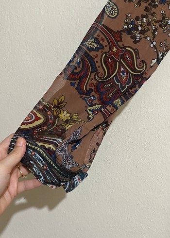 Bohem Desenli Uzun Kollu Kahverengi Elbise - Görsel 3