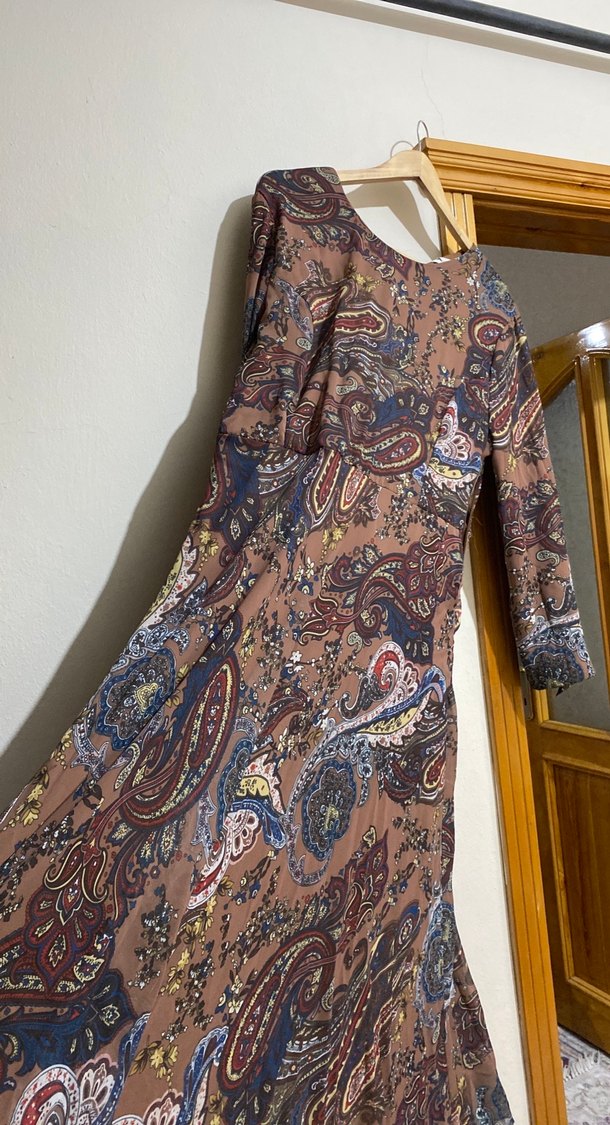 Bohem Desenli Uzun Kollu Kahverengi Elbise - Görsel 2