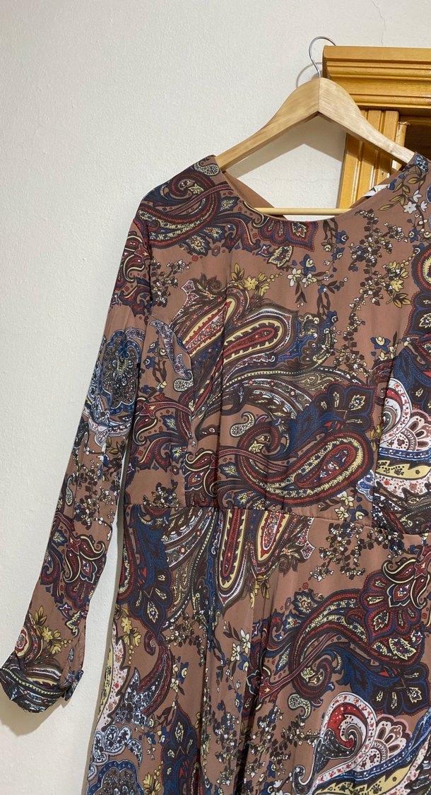 Bohem Desenli Uzun Kollu Kahverengi Elbise - Görsel 4