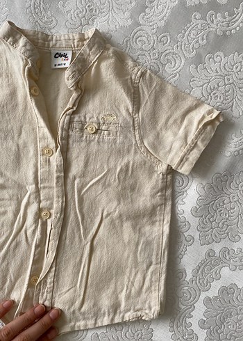 Bej Keten Kısa Kollu Nakışlı Erkek Gömlek - Görsel 2