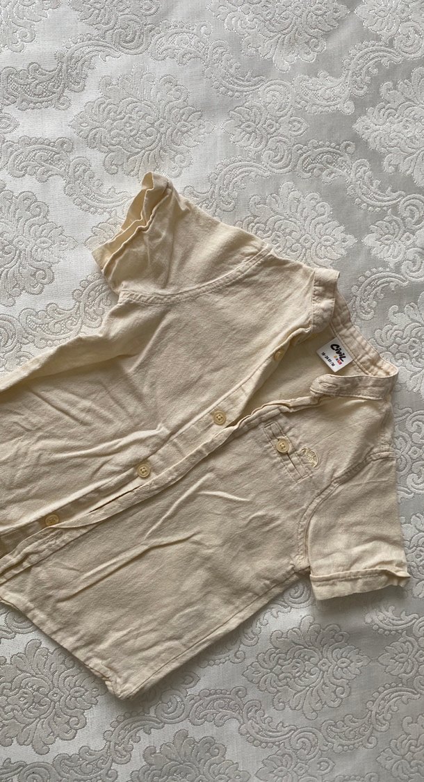 Bej Keten Kısa Kollu Nakışlı Erkek Gömlek - Görsel 3