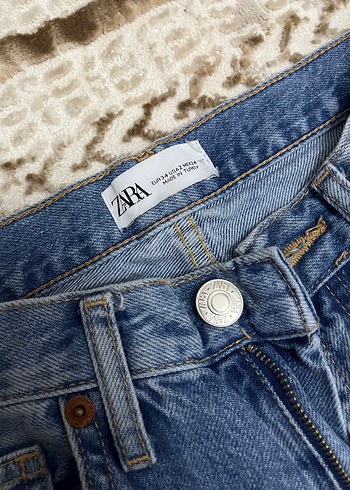 Zara Gri Mavi Bağlama Desenli Kadın Denim Pantolon