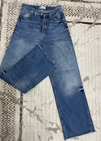34 Beden Gri Mavi Bağlama Desenli Kadın Denim Pantolon