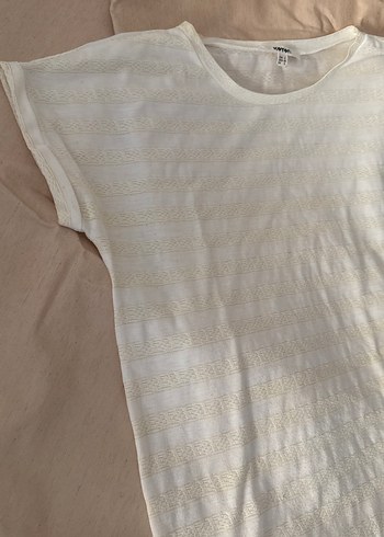 Kadın Beyaz Kısa Kollu Keten Tişört - Görsel 2