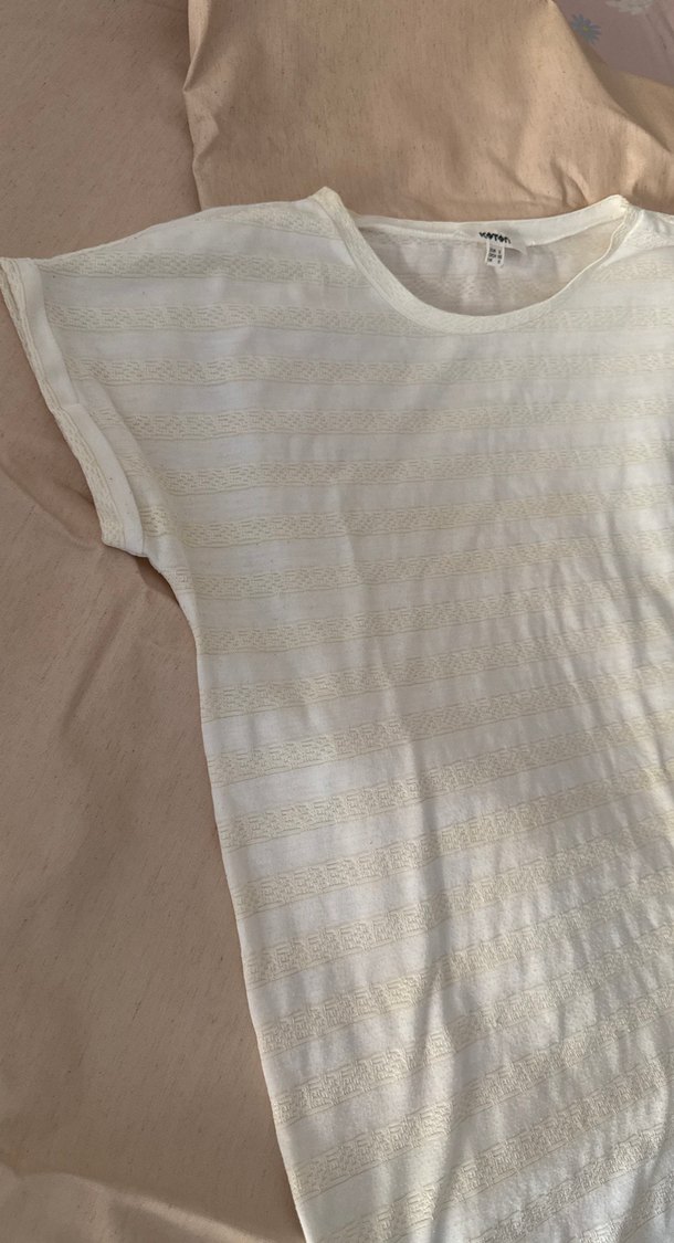 Kadın Beyaz Kısa Kollu Keten Tişört - Görsel 2