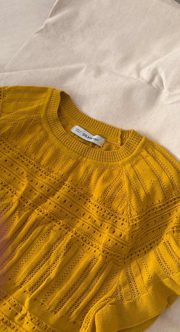 Sarı Kısa Kollu Örgü Bohem Kazak - Görsel 2