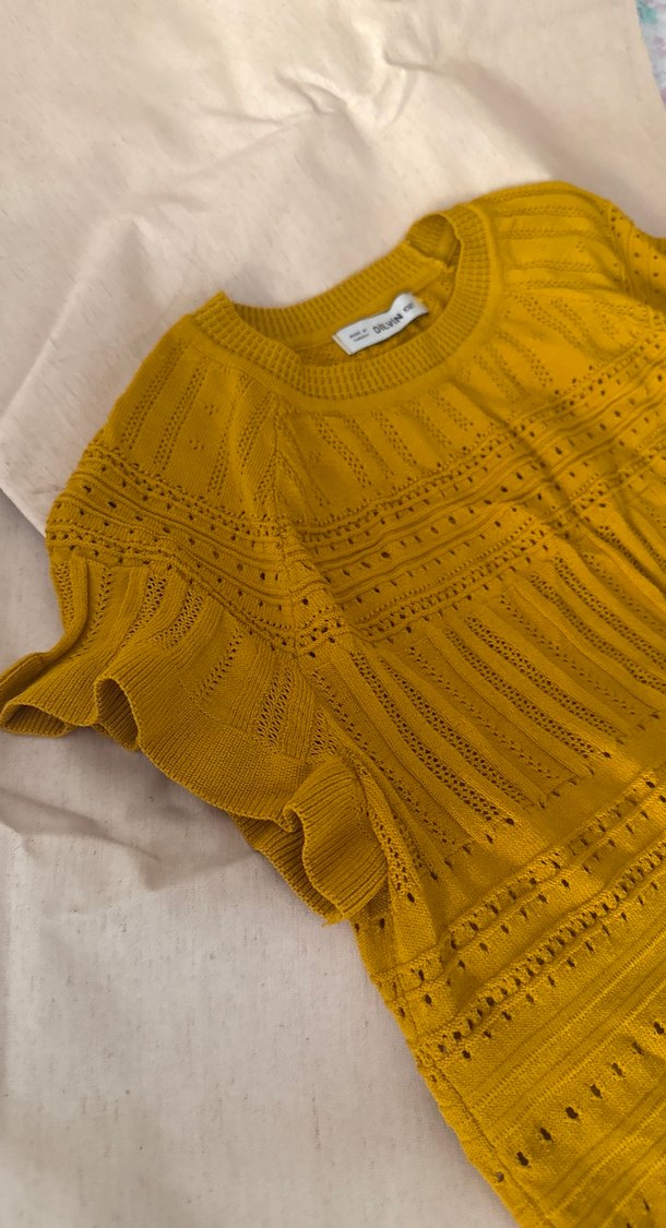 Sarı Kısa Kollu Örgü Bohem Kazak - Görsel 4