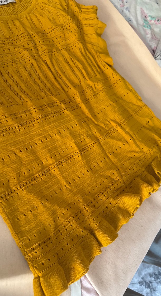 Sarı Kısa Kollu Örgü Bohem Kazak - Görsel 3