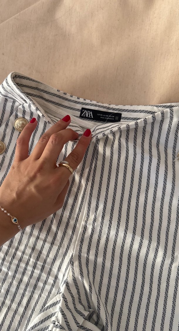 Düğmeli Çizgili Hamile Keten Şort - Görsel 4