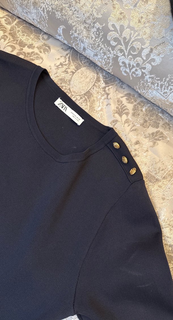 ZARA Düğmeli Lacivert Midi Triko Elbise - Görsel 2