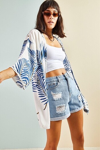 Kolları dantel detaylı desenli viskon kimono - Görsel 5