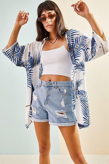 Kolları dantel detaylı desenli viskon kimono - Görsel 3