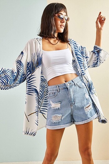 Kolları dantel detaylı desenli viskon kimono - Görsel 2