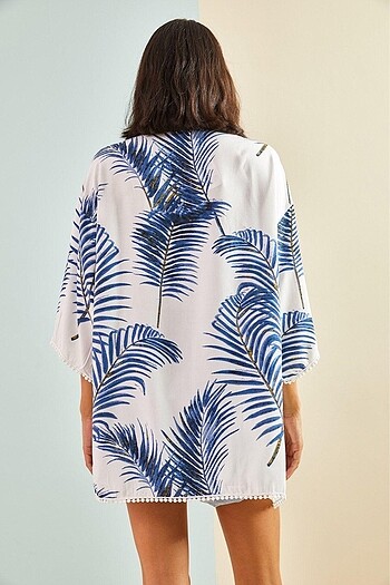 Kolları dantel detaylı desenli viskon kimono - Görsel 4