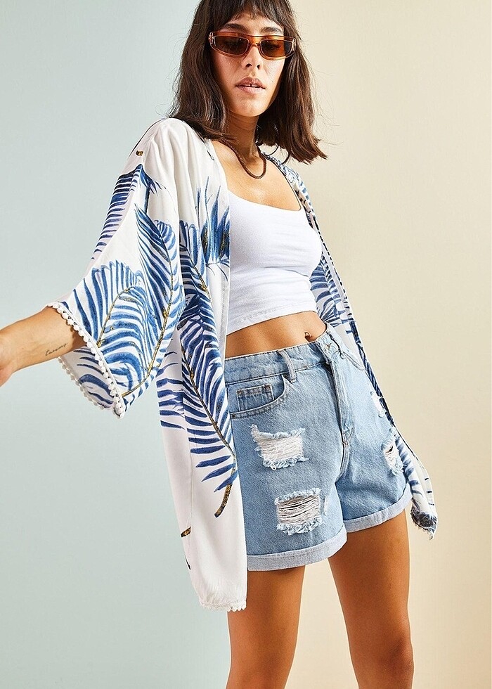 Kolları dantel detaylı desenli viskon kimono - Görsel 5