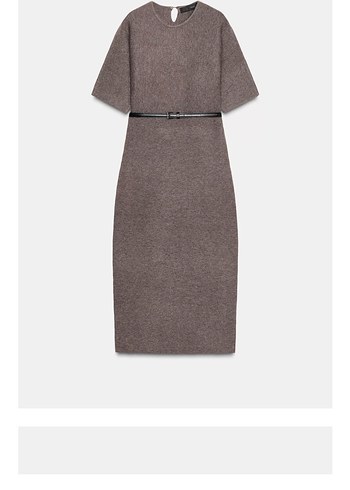 Kemerli Uzun Bej Kadın Triko Elbise S M L - Görsel 4