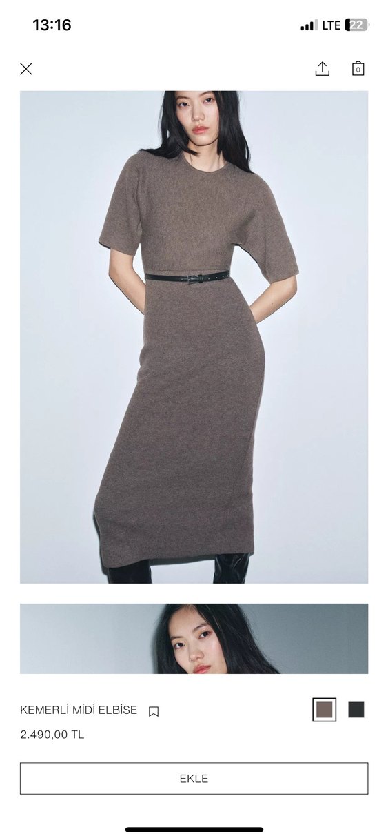 Kemerli Uzun Bej Kadın Triko Elbise S M L - Görsel 3