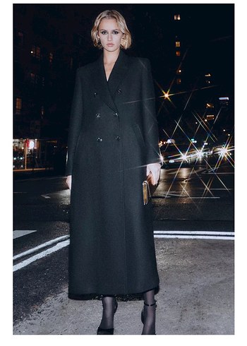 Çift Düğmeli Siyah Kadın Kaban - Görsel 5