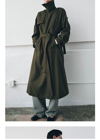 Kadın Haki Kuşaklı Uzun Trençkot S M L - Görsel 2