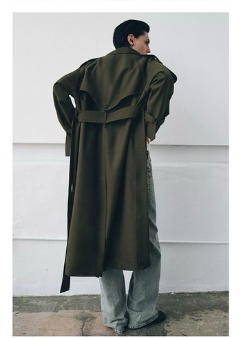 Kadın Haki Kuşaklı Uzun Trençkot S M L - Görsel 3