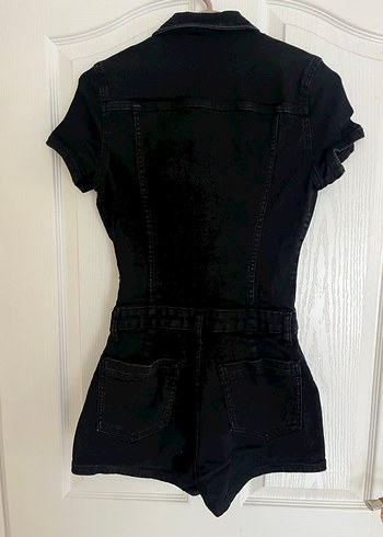 Kemerli Siyah Denim Kısa Tulum - Görsel 2