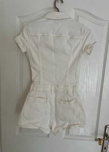 Beyaz Kısa Kollu Keten Şort Tulum - Görsel 2