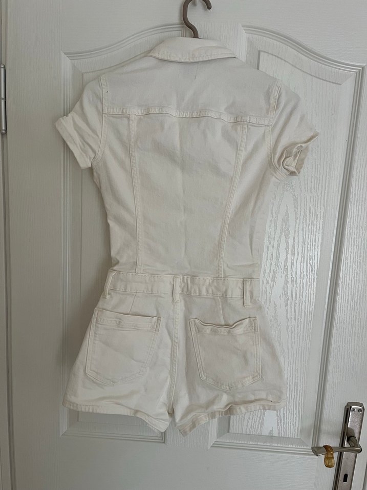 Beyaz Kısa Kollu Keten Şort Tulum - Görsel 2