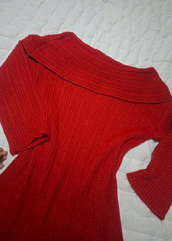 Kırmızı carmen Yaka Triko Elbise - Görsel 6