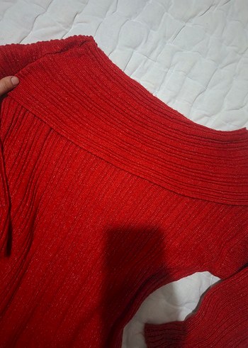 Kırmızı carmen Yaka Triko Elbise - Görsel 4