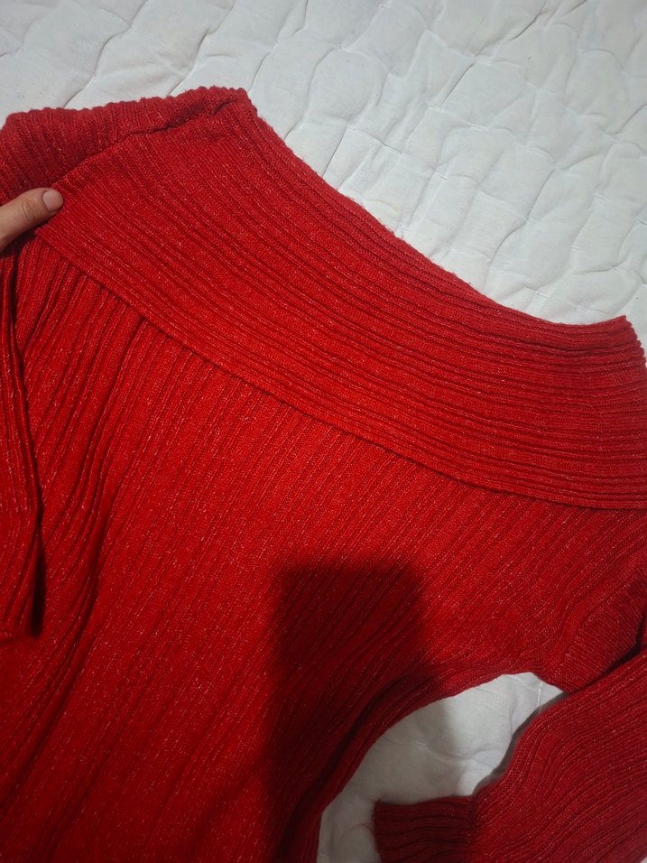 Kırmızı carmen Yaka Triko Elbise - Görsel 4