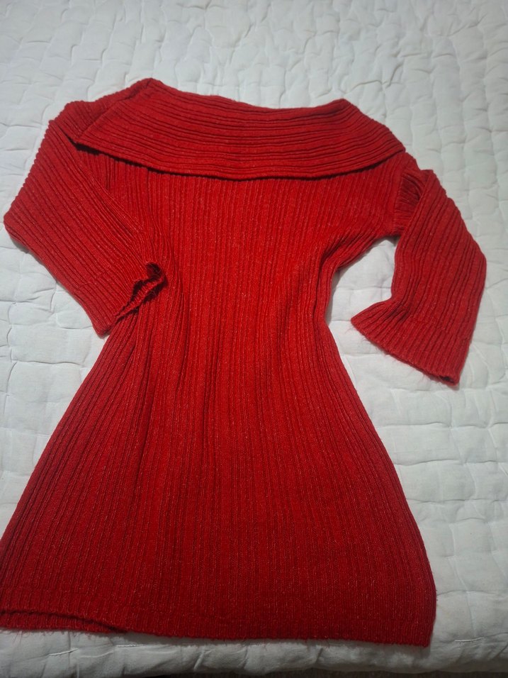 Kırmızı carmen Yaka Triko Elbise - Görsel 2