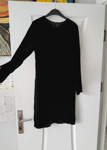 V Yaka Siyah Midi kadife Ofis Elbisesi - Görsel 2