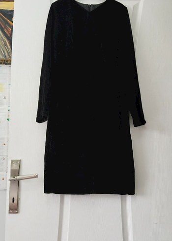 V Yaka Siyah Midi kadife Ofis Elbisesi - Görsel 9