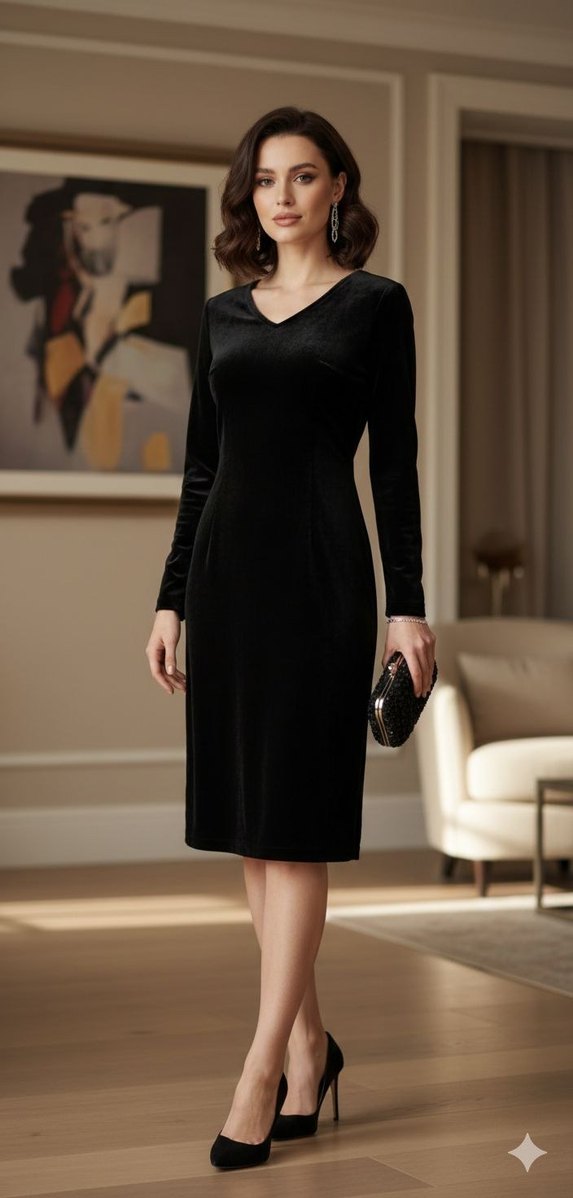 V Yaka Siyah Midi kadife Ofis Elbisesi - Görsel 5